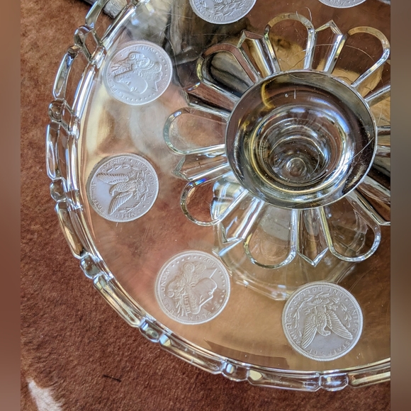 Antique 1892 Silver Dollar Glass Pedestal Cake Stand W Frosted Morgan Dollar - Picture 5 of 15